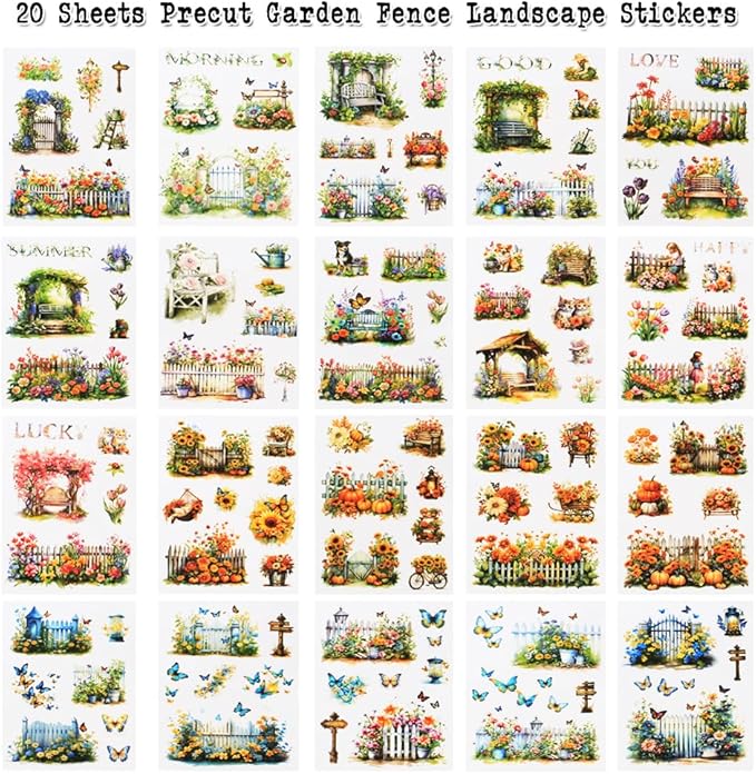 Transparent Garden Flower Stickers for Scrapbooking, 20 Sheets Precut PET Journal Stickers Book for Journaling Supplies, Card Making, Junk Journal, Scrap Book, Bujo, DIY Crafts Arts