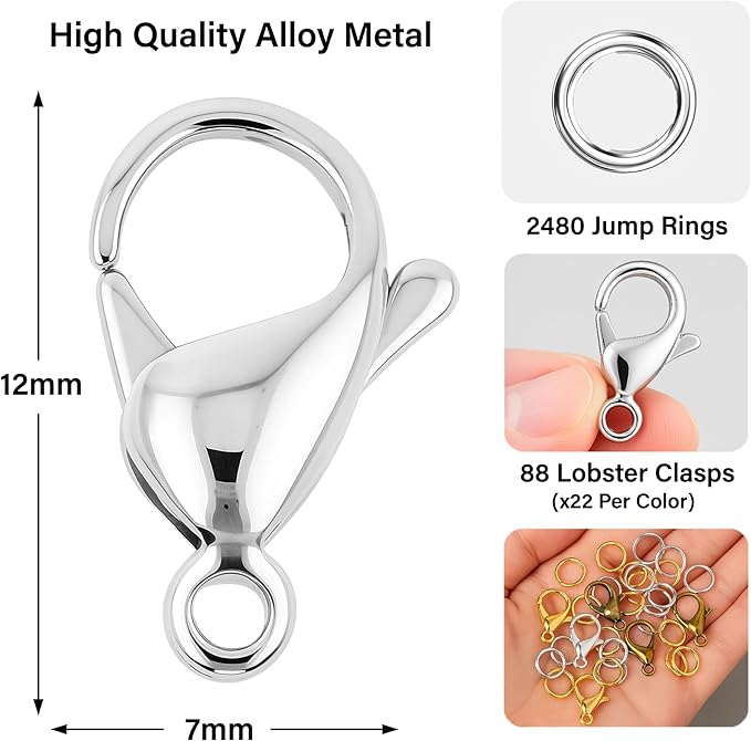 Mandala Crafts 12mm Assorted Metal Lobster Clasps for Jewelry Making - 2568 Lobster Claw Clasps with Jump Rings Jewelry Findings Kit for Necklaces Bracelets Charms Fasteners