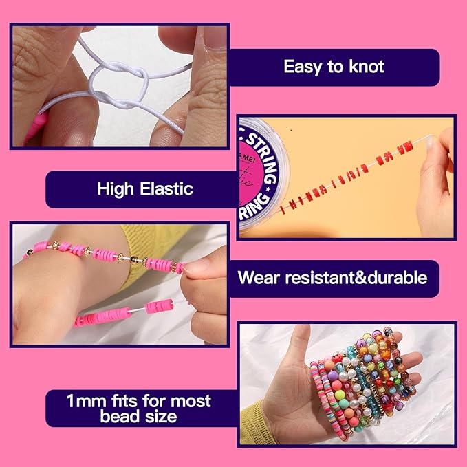 FANDAMEI 1mm Elastic String for Bracelets, Elastic Beading Cord Stretchy for Bracelets Making, Stretch Bead Cord for Jewelry Making, Sturdy Thread for Bracelet Necklace Crafts Christmas DIY String