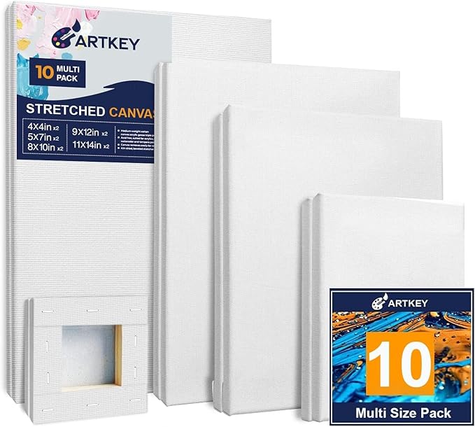 Stretched Canvases for Painting 4x4, 5x7, 8x10, 9x12, 11x14 Inch 10-Pack, 10 oz Triple Primed Acid-Free 100% Cotton Blank Art Canvas for Oil Paint Acrylics Pouring & Wet Art Media, Pour Painting