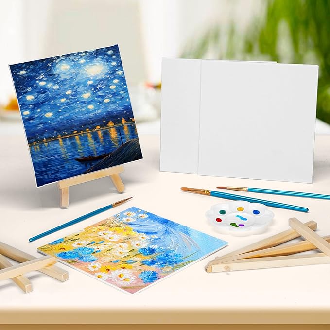 20 Pack 5.9In Canvas Boards for Painting, Art Canvas for Drawing with 10 Brushes & 5 Paint Trays, Mini Painting Canvas with Easel Set, Painting Kits for Adults & Kids Party