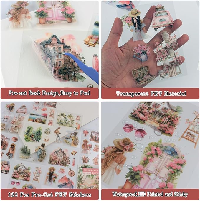 Summer Beach Pre-Cut Journal Sticker Book for Junk Journaling, Transparent PET Landscape Stickers for Scrapbook Supplies, Scrapbooking, Collage, Planners, Bujo, 20 Sheets