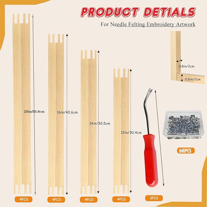 Gylreus 16 Pcs 4 Sets Stretcher Bars for Needlework Wooden Canvas Stretcher Bars 10 Different Size Combinations Embroidery Stretcher Bars for Cross Stitch Frame Set with Thumbtack and Remover Tool