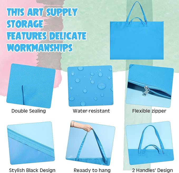 Abbylike 48 x 36 Inch Art Portfolio Bag Large Size Art Supply Bag with Nylon Shoulder Waterproof Poster Board Painting Drawing Sketch Storage Carrying Case for Christmas Artwork Gift(Blue,1 Pcs)