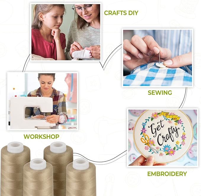 Serger Thread 4 Cones 3000 Yards Each Spool All Purpose Polyester Thread 40S/2 for Sewing, Serger, Overlock, Quilting, Piecing-Dark Khaki