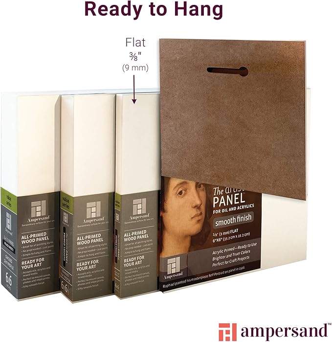 Ampersand Art Supply Wood Gesso Artist Painting Panel: Primed Smooth, 8" x 8", 3/8" Flat Profile