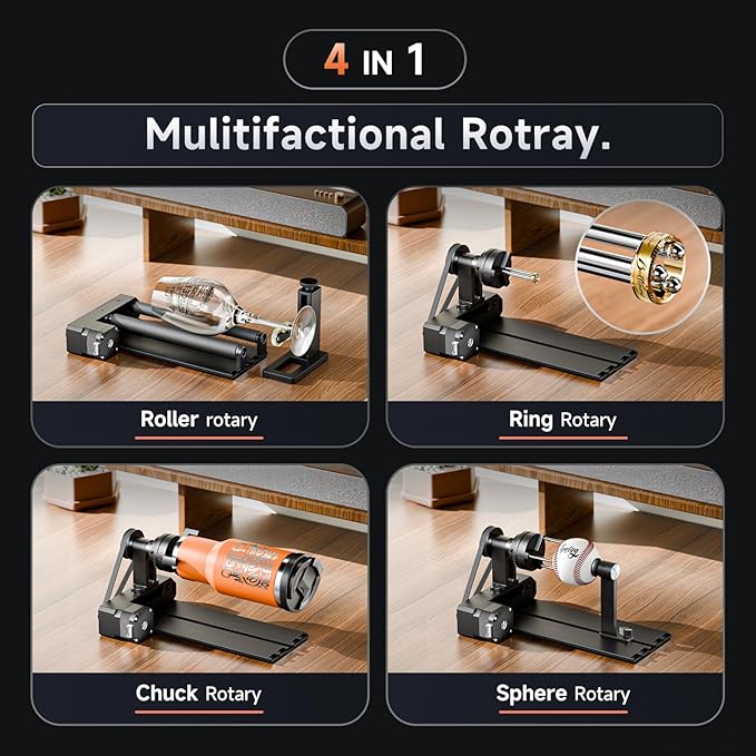 YOOPAI D1 4-in-1 Laser Rotary Roller, Suitable for Most Frame-Type Laser Engraving Machines, with 2 Types of Claws and Pins, Used to Engrave Cylindrical, Spherical, Ring-Shaped Objects