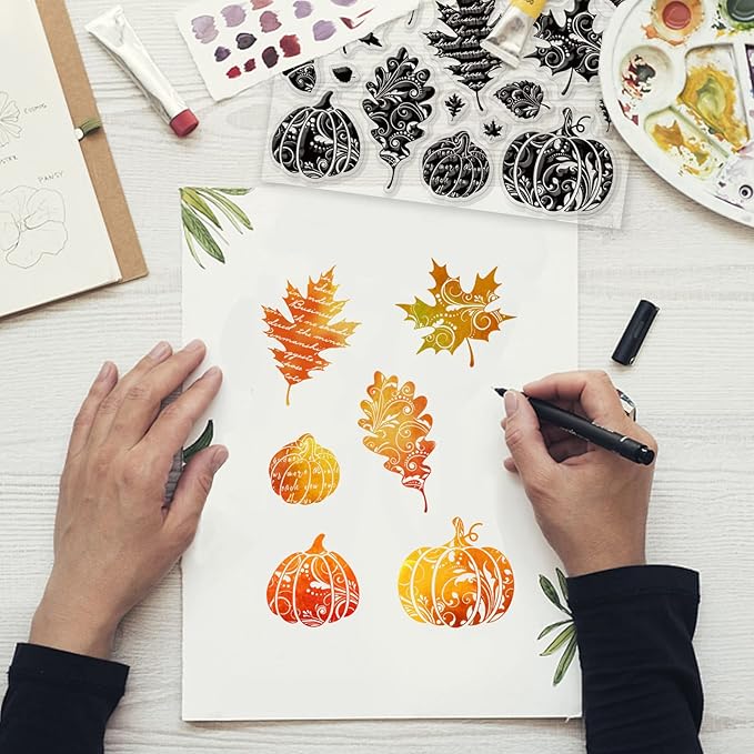 GLOBLELAND Autumn Leaves Clear Stamps for DIY Scrapbooking Fall Pumpkin Silicone Stamp Seals Transparent Stamps for Thanksgiving Day Cards Making Photo Album Journal Home Decoration