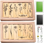 18 Pcs Stamps for Crafting, 2 Styles Plant Rubber Stamps for Crafting, Green and Black Ink Stamps, Wooden Flower