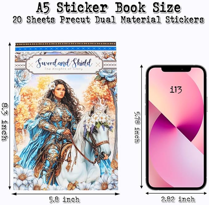 Dwpetzo Scrapbooking Sticker Book, 20 Sheets Pe-Cut PET, Washi Tape, and Craft Paper Stickers for Junk Journal Supplies, Journal Stickers for Journaling, Planner, Bujo, Collage (Sword and Shield)