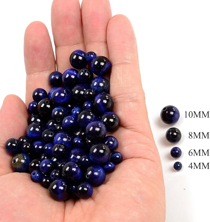 NCB 200PCS 8mm Natural Sapphire Tiger's Eye Gemstone Round Spacer Loose Beads for Jewelry Making with Crystal Stretch Cord (Sapphire Tiger's Eye, 8mm 200Beads)