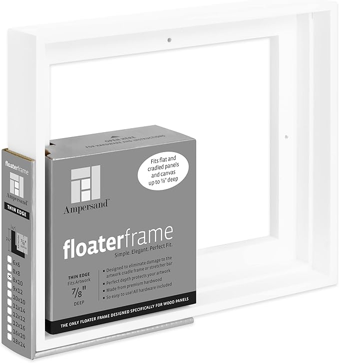 Ampersand Art Supply Floaterframe Readymade Frame for Flat and 7/8" Deep Wood Panel and Canvas Artwork, Paintings, Prints, and More, 8"x10", White Thin