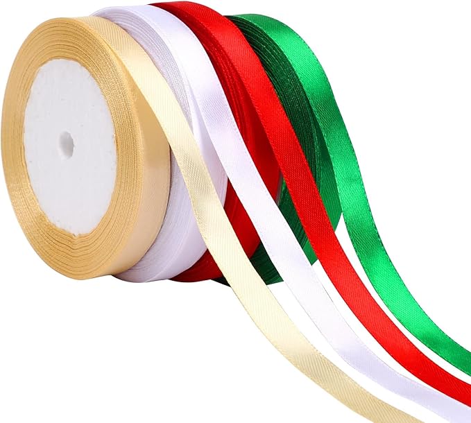 DECYOOL 4 Rolls 100 Yards Christmas Ribbons 10mm Wide Holiday Satin Ribbons Fabric for Gift Wrapping and DIY Craft, Red & Green & Gold &White