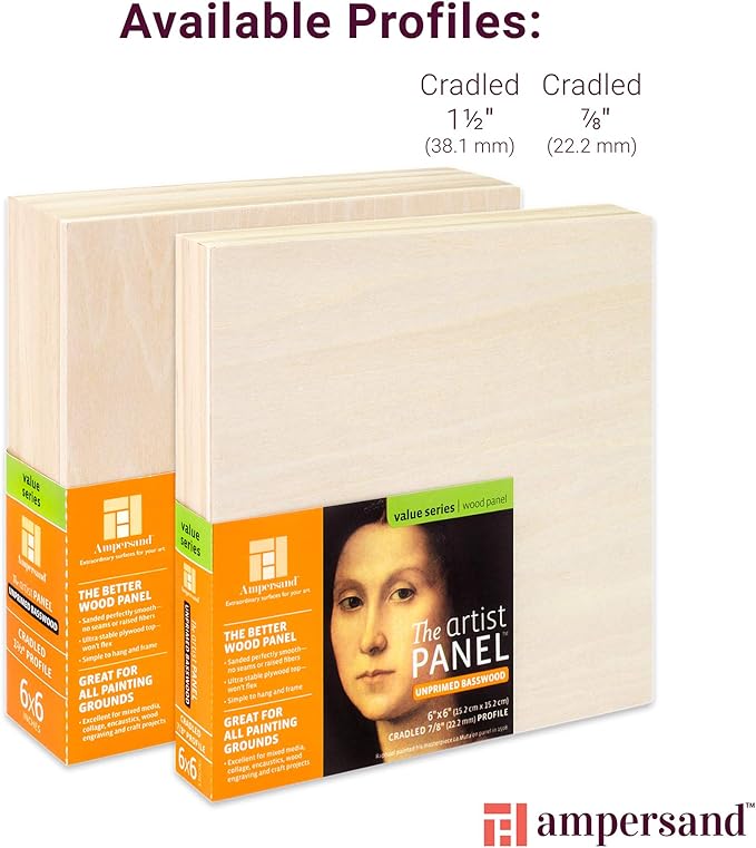Ampersand Art Supply Unprimed Basswood Artist Panel, 1-1/2" Cradled Profile, 5"x7"