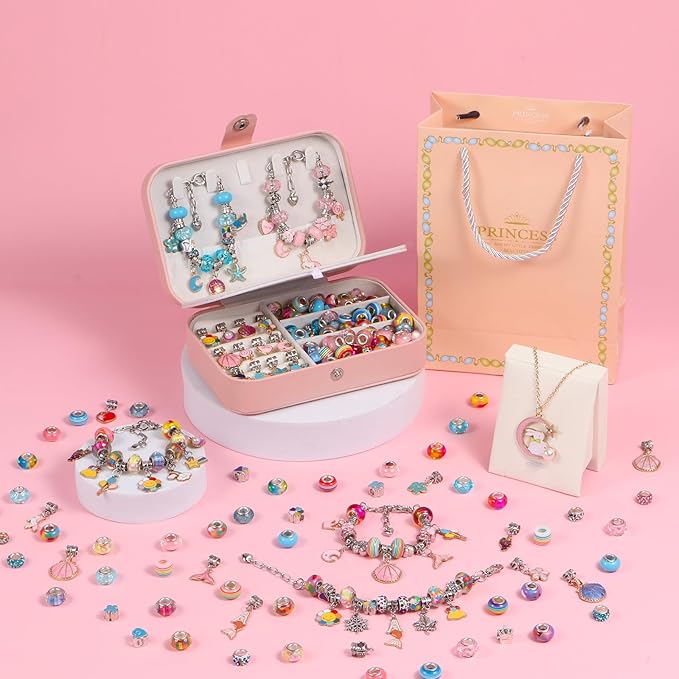 YJK Charm Bracelet Making Kit, 5-12 Year Old Girl Birthday Gifts, 133 Pcs DIY Beaded Jewelry Making Kit with Jewelry Box, Creative Crafts for Girls, Charm Necklace Making kit for Girls (Blue & Pink)