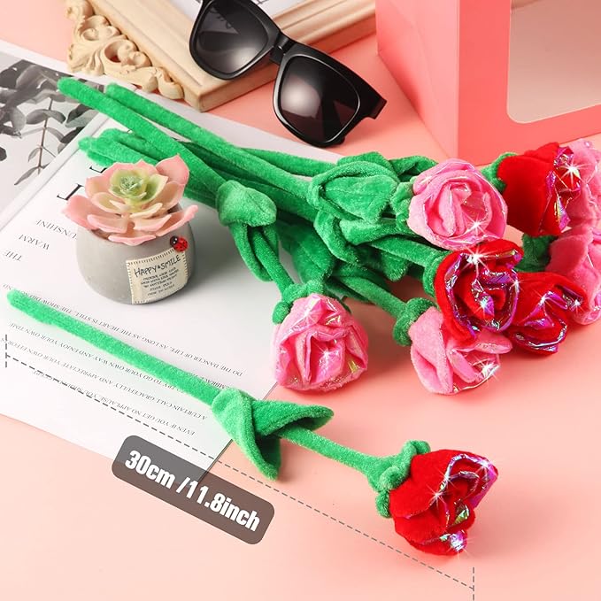 10 Pcs Plush Rose Flower Stuffed Flower Bendable Stems Plush Bouquet Toy Soft 12.6 Inch for Christmas Classroom 2025 Mother's Day Valentines Day Girl Girlfriend Wife(10 Pcs Glitter Red Pink Series)