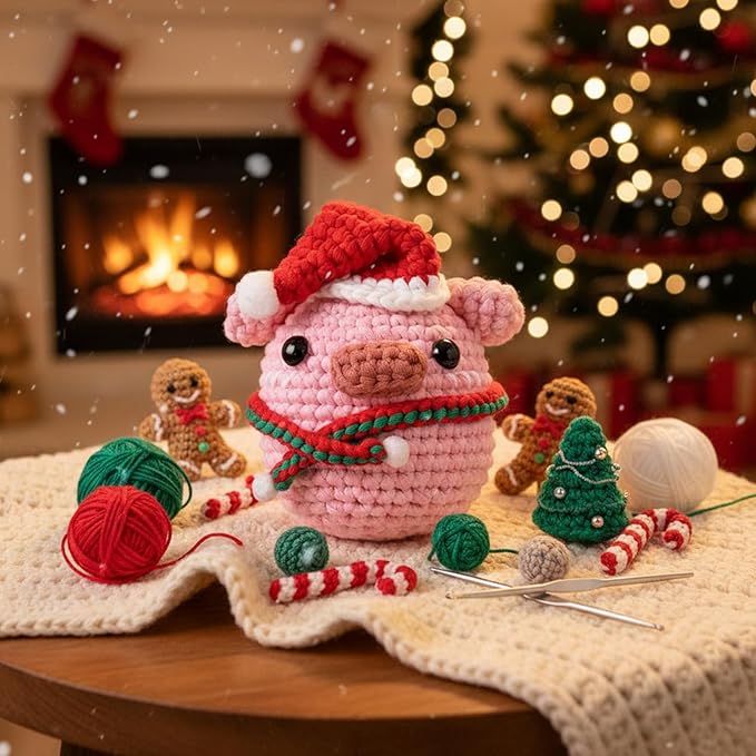 CrochetBox Crochet Kit for Beginners Adults - Christmas Pig Starters Crochet Kit, Beginners Crocheting Kitting for Adults Teen, Craft Gifts with Crochets Yarns, Hook, Step-by-Step Video, Instruction