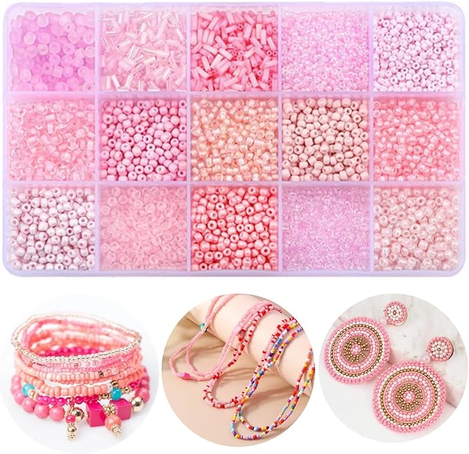 15 Color 4mm Small Assorted Glass Seed Beads,3mm Bugle Beads Friendship Bracelet Kit,2mm Tiny Tube Bead for Jewelry Making(Pink)