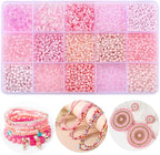 15 Color 4mm Small Assorted Glass Seed Beads,3mm Bugle Beads Friendship Bracelet Kit,2mm Tiny Tube Bead for Jewelry Making(Pink)
