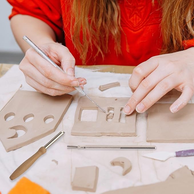 DIYOOHOMY Pottery Carving Tools Set, Clay Sculpting Tools with Straw Hole Puncher Needle Pottery Ribs Kit for Ceramic Polymer Clay Modeling, Drilling, Shaping, DIY Crafts Supplies (8)