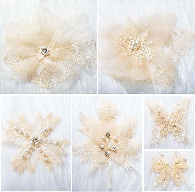 6 Pieces 3D Flower Lace Embroidery Butterflies Appliques Pearl Patches for Repairing and Decorating, Sewing Craft Clothing Jeans Jackets Bags (Beige)
