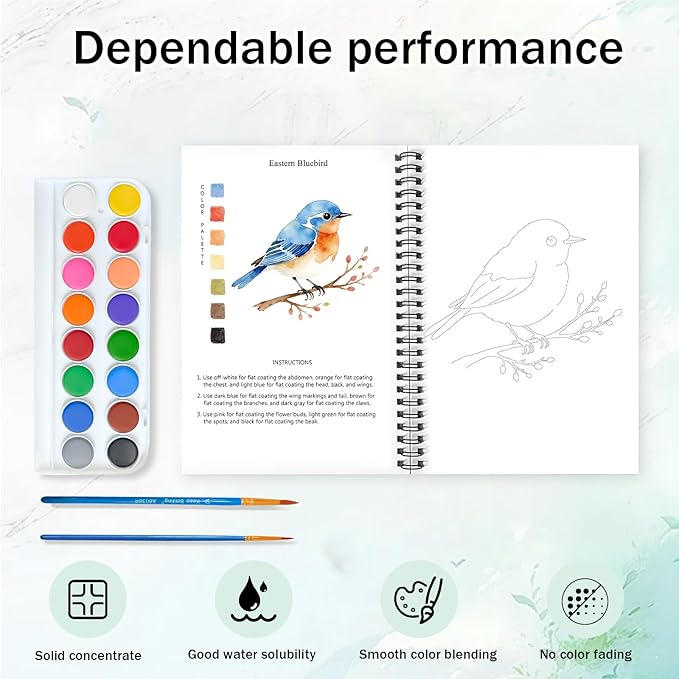 Watercolor Workbooks, 16 Colors Water Color Books Paint Set for Adults, Watercolor Coloring Book for Beginners, Water Color Workbook, 15 Beautiful Paintings for Beginners (Birds)
