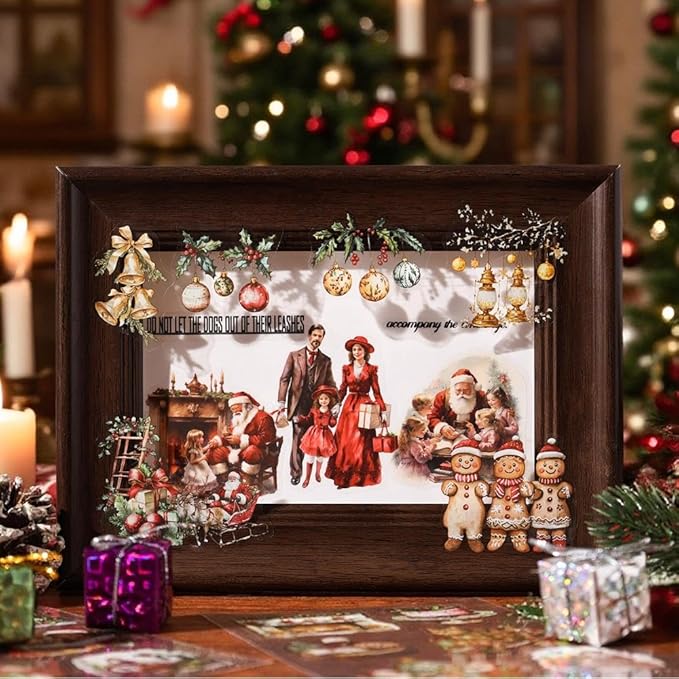 Vintage Christmas Scrapbook Stickers for Scrapbooking Supplies, 20 Sheets Precut PET Sticker Book for Journaling, Junk Journals, Collage, Card Making, Bujo, Crafts Arts