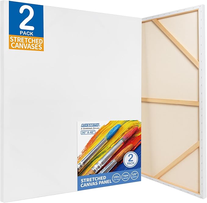 FIXSMITH Stretched White Blank Canvas - 36x48 Inch, 2 Pack,Primed Large Canvas,100% Cotton,5/8 Inch Profile of Super Value Pack for Acrylics,Oils & Other Painting Media