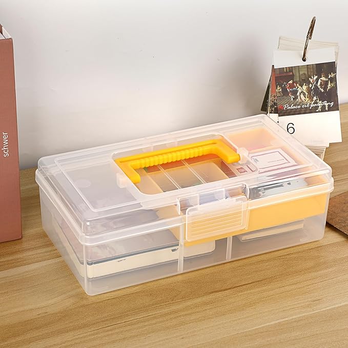 JUXYES Plastic Carry Storage Box with Removable Dividers, Clear Art Craft Supply Storage Bin Sewing Box With Handle Lid, 2 Layers Stationery Storage Case for School/Office Supplies