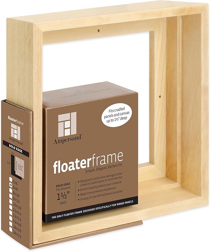 Ampersand Floaterframe Readymade Frame for Flat and 1 1/2" Deep Wood Panel and Canvas Artwork, Paintings, Prints, and More, 8"x8", Maple Bold