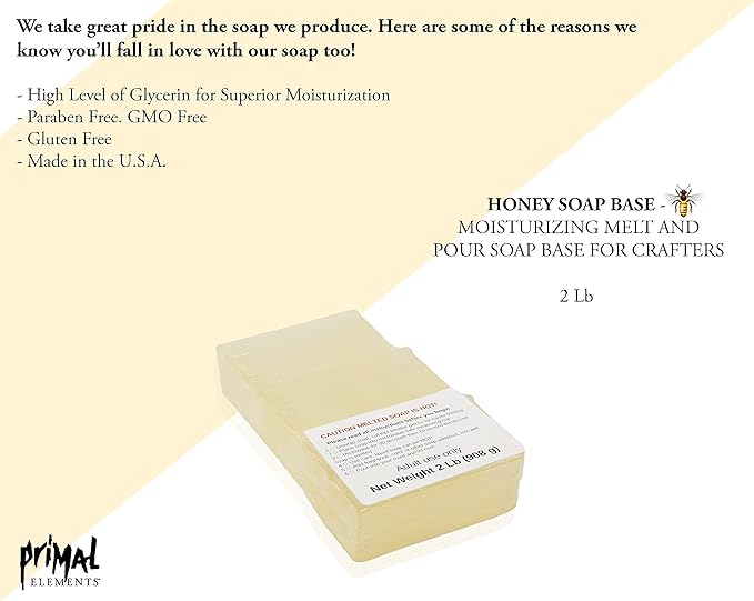 Primal Elements Honey Soap Base - Moisturizing Melt and Pour Glycerin Soap Base for Crafting and Soap Making, Easy to Cut - 5 Pound