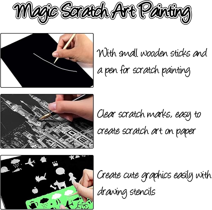 ZOCONE Scratch Paper Art Set, 50 Sheets 8x11in Black Coated Scratchboard Large Scratch Paper with Wooden Styluses and Stencils, DIY Scratch Painting Art Paper for Kids Adults Birthday Christmas Gift
