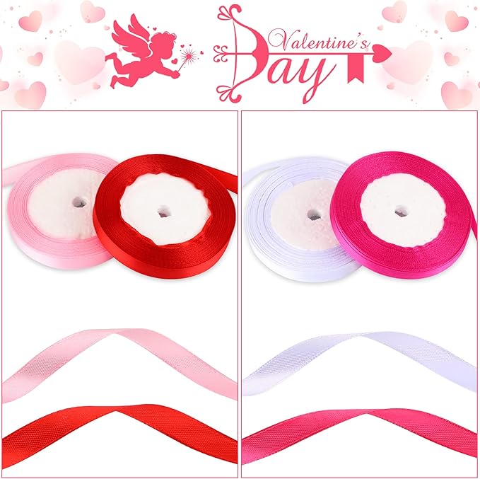 DECYOOL 4 Rolls 100 Yards Valentine’s Day Ribbons for Gift Wrapping, 10mm Wide Valentines Satin Ribbon for Valentine's Day Wedding Holiday Craft Projects