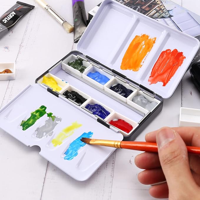 LOONENG Metal Watercolor Tin with Fold-Out Palette, Small Tray Palette with 8 Empty Full Pans for Plein Air, Acrylic and Oil Painting