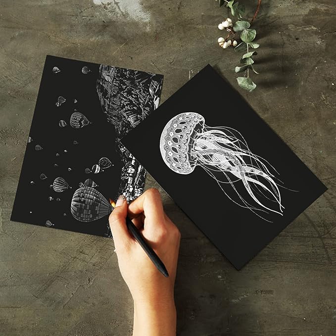 ZOCONE Scratch Paper Art Set, 50 Sheets 8x11in Black Coated Scratchboard Large Scratch Paper with Wooden Styluses and Stencils, DIY Scratch Painting Art Paper for Kids Adults Birthday Christmas Gift