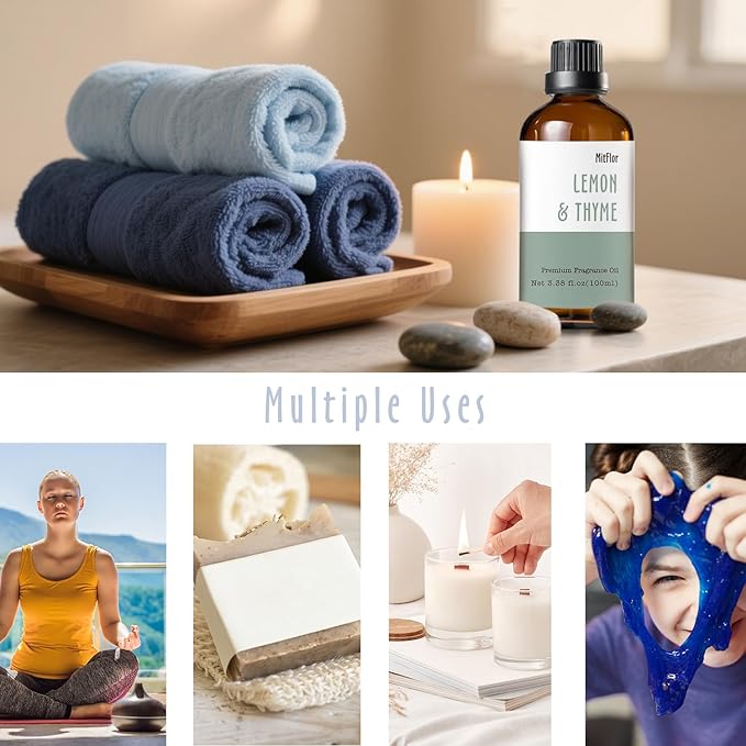 Lemon & Thyme Fragrance Oil, MitFlor Strong Hotel Scent Diffuser Oils 100ml, Large Size Premium Grade Fragrance Oil for Soap & Candle Making, Citrusy & Herbal Scent for Home, Gift for Women & Men