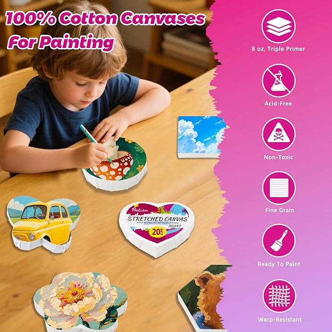 24Pack Stretched Canvas for Painting, 100% Cotton Art Canvases with Easel for Painting, 5/8 Inch Profile 8 Ounce Acid-Free Painting Canvas Supplies for Acrylics,Oils & Other Painting Media - 20cm