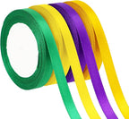 DECYOOL Mardi Gras Satin Ribbons, 4 Rolls 100 Yards Each - 10mm Wide Green, Purple, Yellow - Craft Ribbons for Gift Wrapping & Carnival Decoration