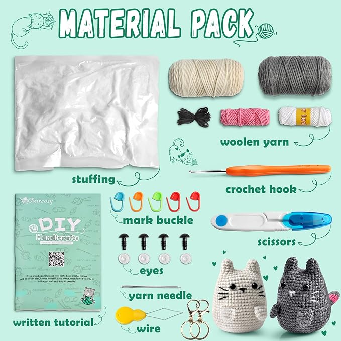 Faircosy Crochet Animals Kit for Beginners: Learn to Crochet Cats with Yarn, Hooks & Video Tutorials - DIY Amigurumi Starter Box - Perfect Christmas Holiday Gift for Teens & Adults