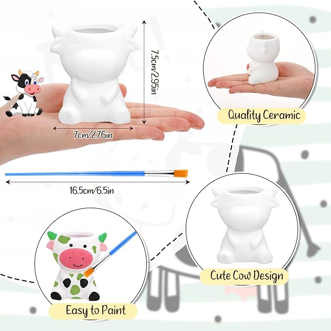 Pasimy 6 Set DIY Ceramic Succulent Planter Pots Paint Your Own Flower Pots Craft Kit Unpainted Bisque Paintable Flowerpot with Brush Palette Ready to Paint for Family Activity Gift(Cow)