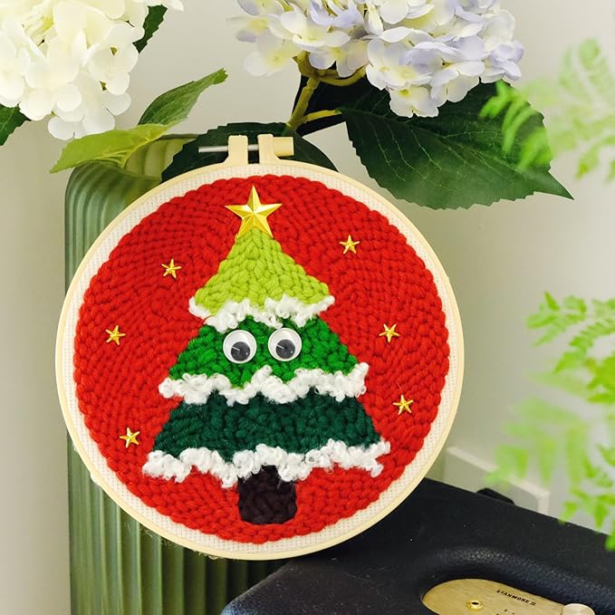 Hand U Journey Punch Needle Starter Kit | Rug Hooking Beginner's Set with Santa Claus and Christmas Tree Designs | Adjustable Punch Pen and Two 8.6'' Hoops | Ideal Craft Gift for Kids and Adults