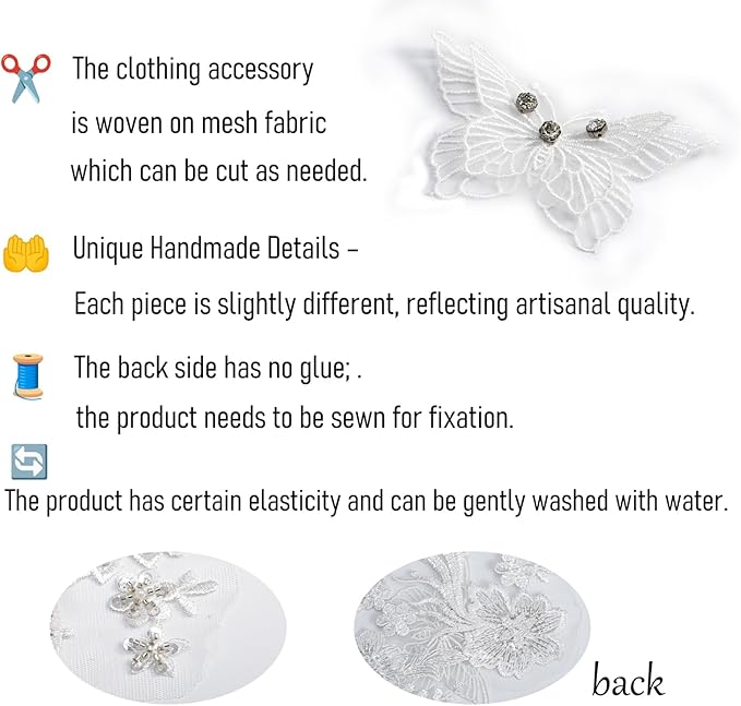 Flower Pearl Fabric Rhinestones Beaded Lace Applique,3D Butterfly Embroidered Lace Patch for Clothes,Dress (White)