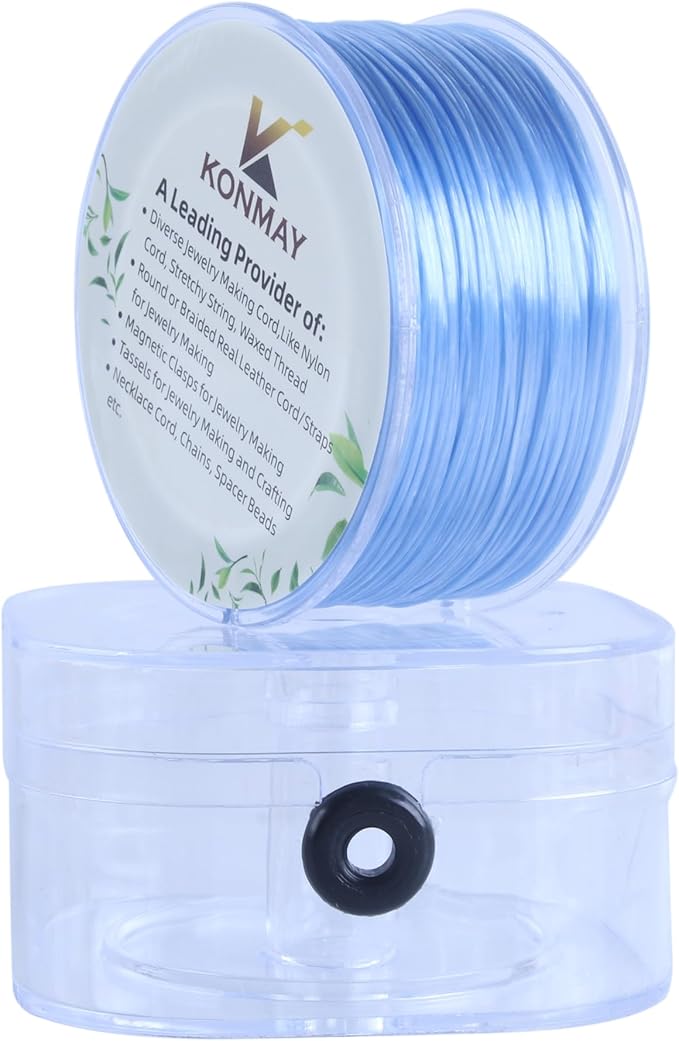 KONMAY 1 Rolls 0.8mm Flat Stretchy Bracelet Strings with Organizing Case, 90 Yards Sky Blue Crystal Elastic Thread Cord for Jewelry Bracelets Making and Beading