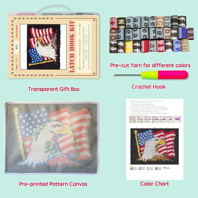 DL-YTG Latch Hook Kits Rug American Flag Crochet Yarn Cushion Colour Pre-Printed Canvas Cover Rug Needlework DIY Hook and Latch Kit Christmas Home Decoration 52x38cm/20 X15inch