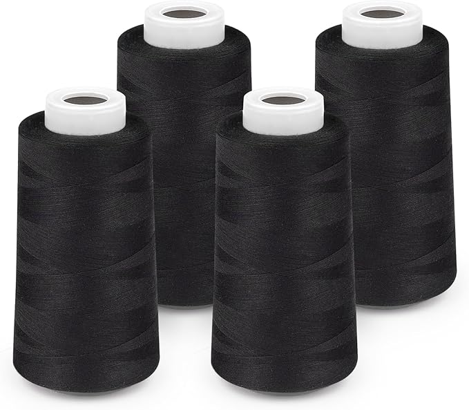 Serger Thread 4 Cones 3000 Yards Each Spool All Purpose Polyester Thread 40S/2 for Sewing, Serger, Overlock, Quilting, Piecing - Black, HY1256