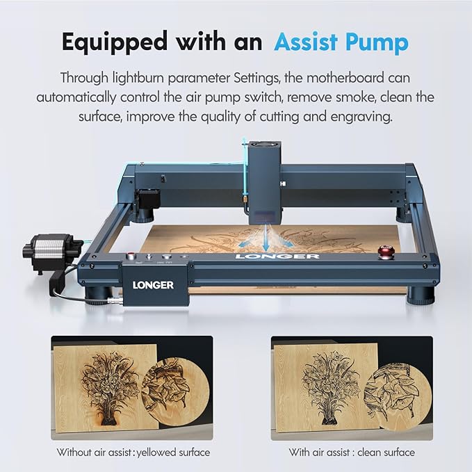 Longer B1 24000mW Laser Engraver with auto air Assist, Chuck jaw kit, 500mm Honeycomb Panel, Camera, and 16pcs raisers. Precise Cutting on Wood, Acrylic, and Stainless Steel.