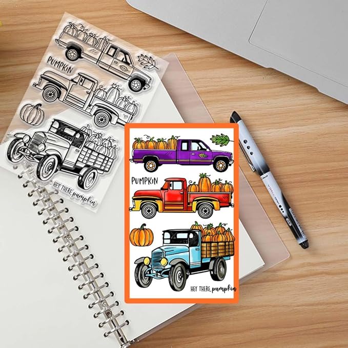 GLOBLELAND Autumn Truck Pumpkin Clear Stamps Harvest Maple Leaves Silicone Clear Stamp Seals Text Transparent Stamps for DIY Scrapbooking Cards Making Photo Album Journal