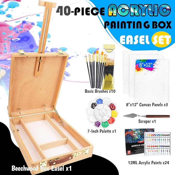 WOWOSS Tabletop Art Easel Box Set, 40PCS Painting Kit for Adult Artists & Beginners, Easel Stand with 24 Acrylic Paints, 3 Canvas Panels, Brushes, for Indoor & Outdoor Use, Painting & Sketching