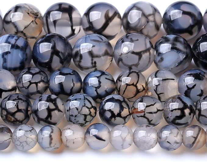 8MM Black Dragon Vein Agate Stone Beads Natural Gemstone Round Loose Beads for Jewelry and Bracelets Making 90pcs 2 Strands 32"