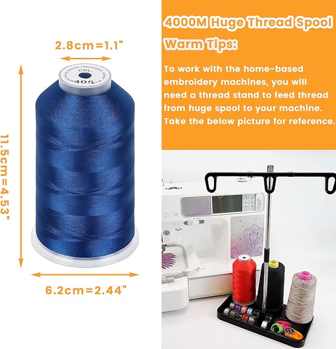 New brothread - Single Huge Spool 4000M Each Polyester Embroidery Machine Thread 40WT for Commercial and Domestic Machines - Blue